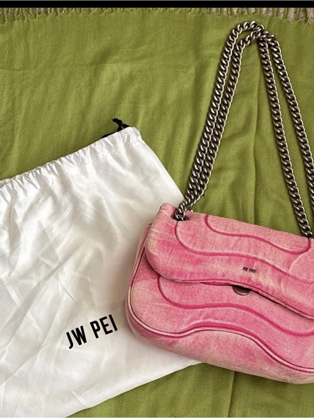 JW PEI Pink Quilted Wave Shoulder Bag with Silver Chain